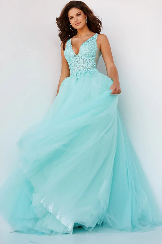 Jovani 08572 Size 0 Mint Tulle Ballgown Fitted Floral Lace Bodice Prom Dress Pageant Formal