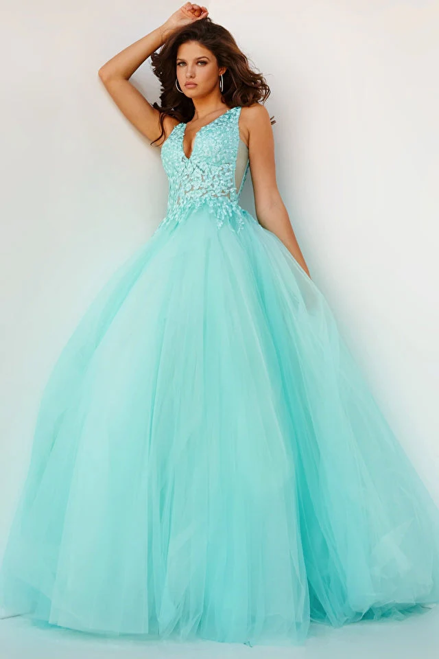 Jovani 08572 Size 0 Mint Tulle Ballgown Fitted Floral Lace Bodice Prom Dress Pageant Formal - Image 3