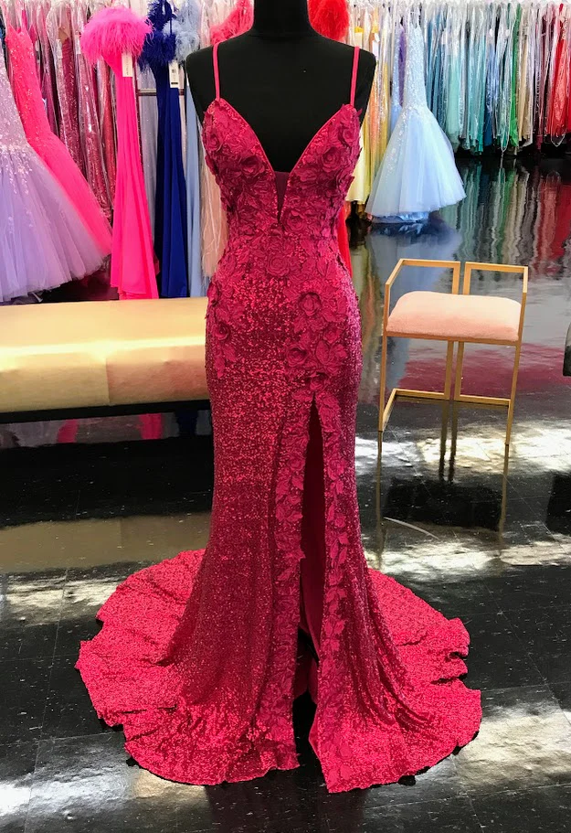 Jovani 1012 Size 2 Raspberry Prom Dress Sequin Fitted Formal Slit Pageant Backless Floral Bodice