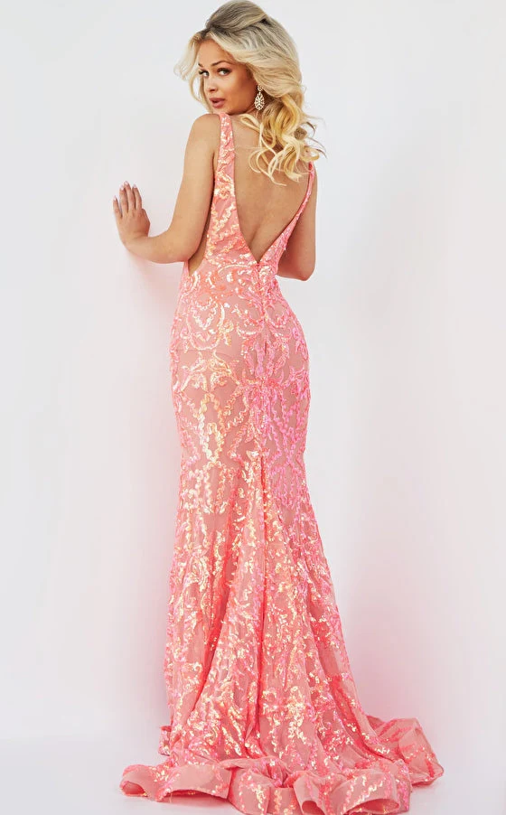 Jovani 22811 size 10 Coral Prom Dress V Neckline iridescent sequins long evening gown v back - Image 3