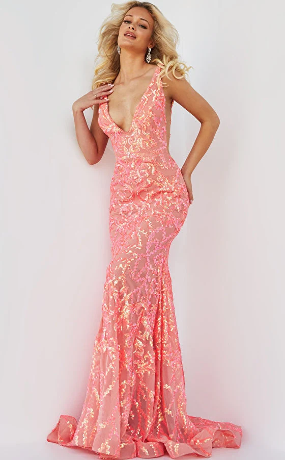 Jovani 22811 size 10 Coral Prom Dress V Neckline iridescent sequins long evening gown v back - Image 4
