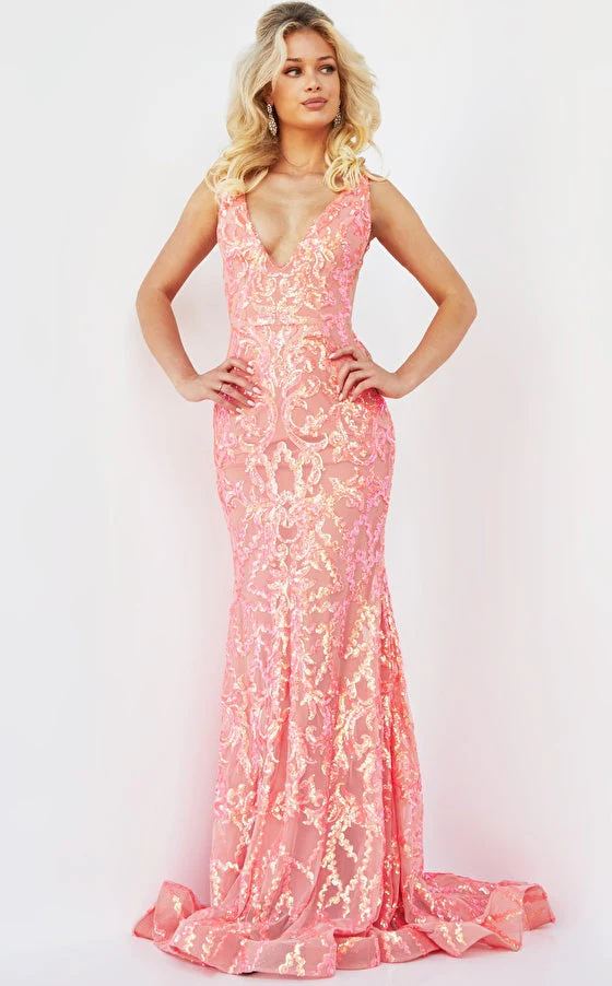 Jovani 22811 size 10 Coral Prom Dress V Neckline iridescent sequins long evening gown v back - Image 5
