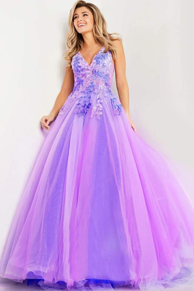 Jovani 24602 Long Prom Dress A-Line Ballgown Floral Bodice Sheer Sides  V Neck Tulle Formal Pageant Gown