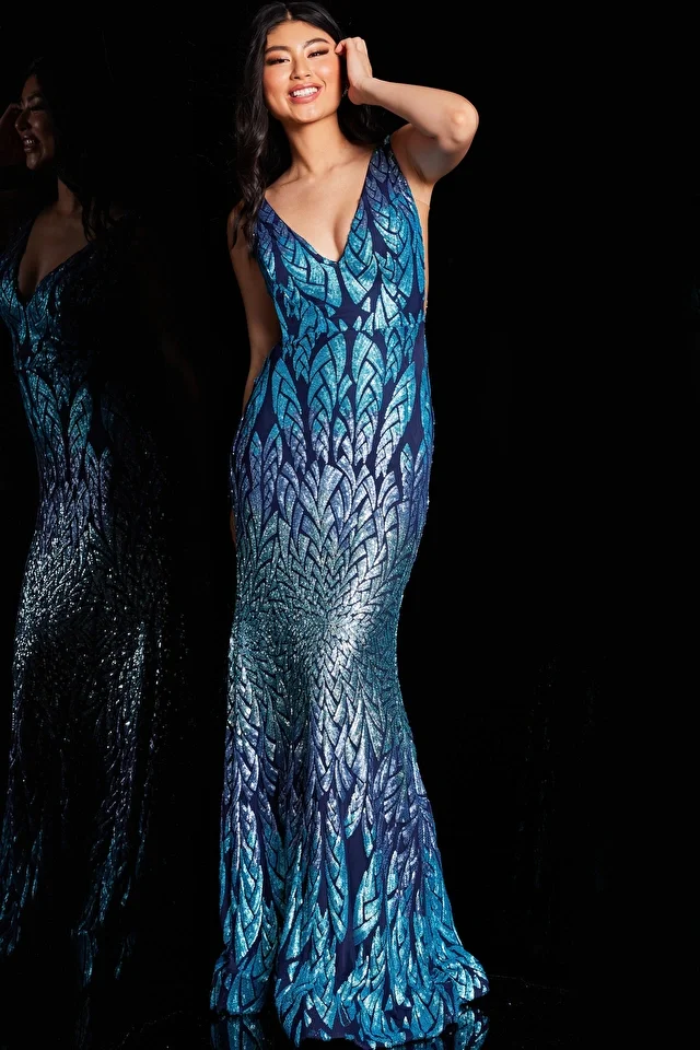Jovani 25687 Long Prom Dress Fitted Sequin Sheer Sides V Neck Train Formal Pageant Gown - Image 2