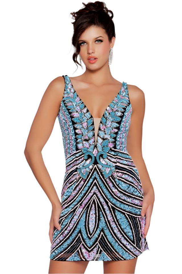 Jovani 25925 Size 12 Purple Short Beaded Cocktail Dress V Neck Fitted Prom Homecoming Gown - Image 17