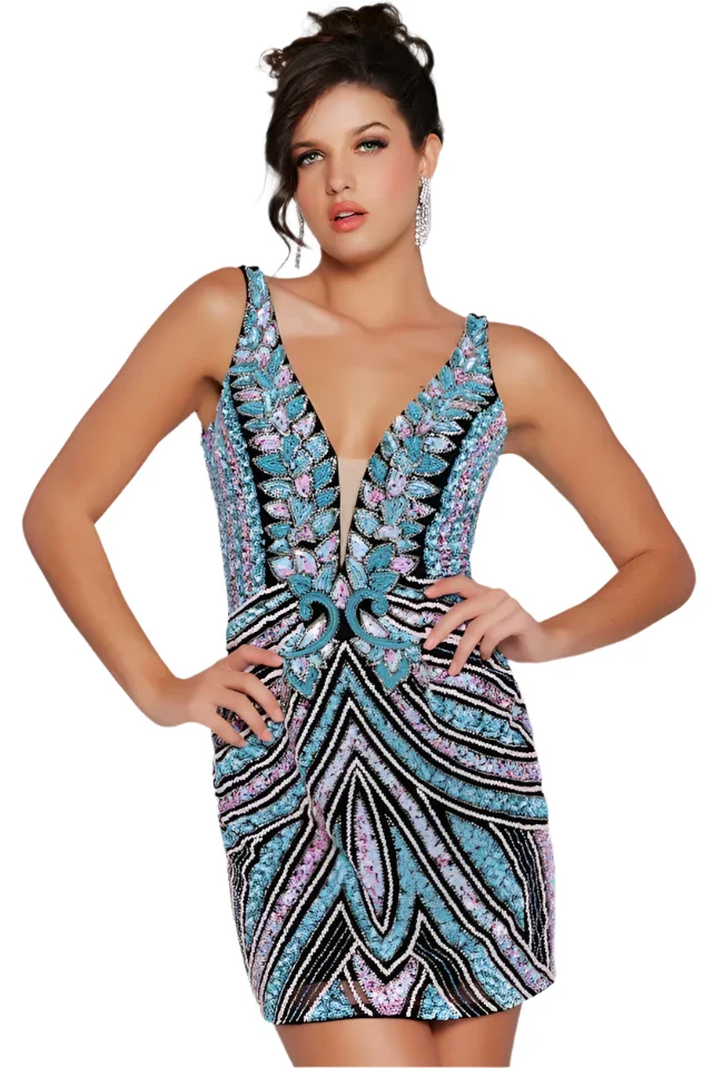 Jovani 25925 Size 12 Purple Short Beaded Cocktail Dress V Neck Fitted Prom Homecoming Gown - Image 5