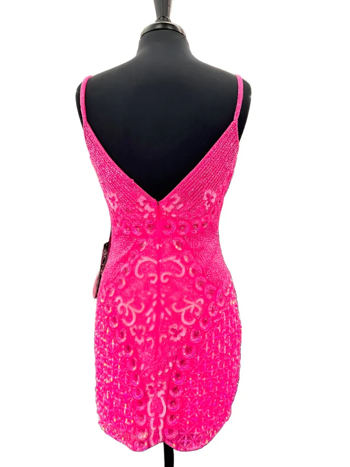 Jovani 36425 Size 8 Hot Pink Short Cocktail Dress Sequin Beaded V Neck Formal Evening Cocktail Gown - Image 3