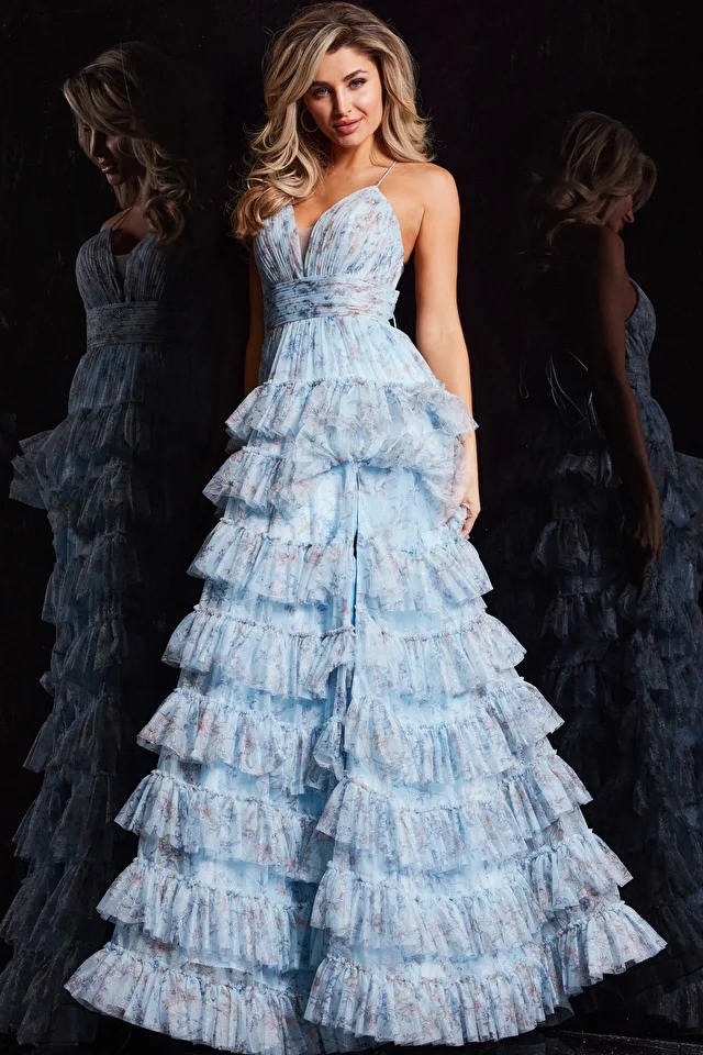 Jovani 36571 Long Prom Dress  A-Line Layered Ruffle Skirt V Neckline Formal Pageant Gown - Image 2