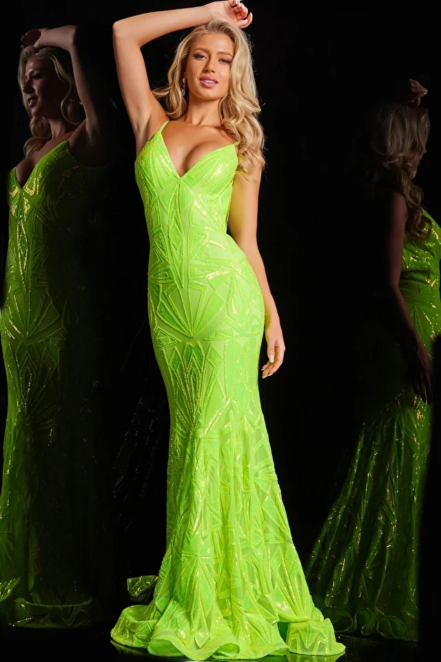 Jovani 36656 Long Prom Dress Fitted Mermaid Sequin Plunging V Neckline Formal Pageant Gown - Image 2