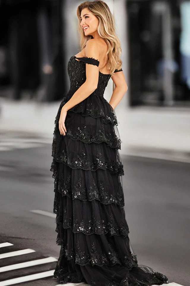 Jovani 36687 Size 14 Black Long Prom Dress Sequin Floral Corset Off Shoulder Layered Skirt Slit Train formal Pageant Gown - Image 2