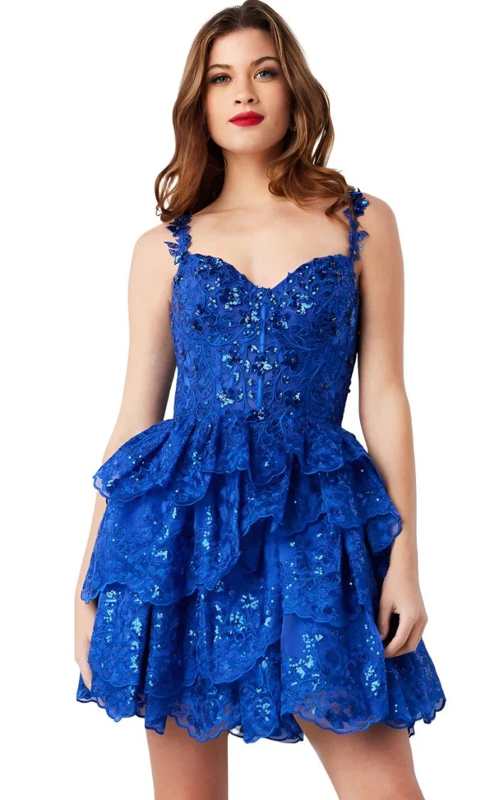 Jovani 37080 Size 16 Royal Blue Cocktail Dress Lace Ruffle Sequin Corset - Image 9