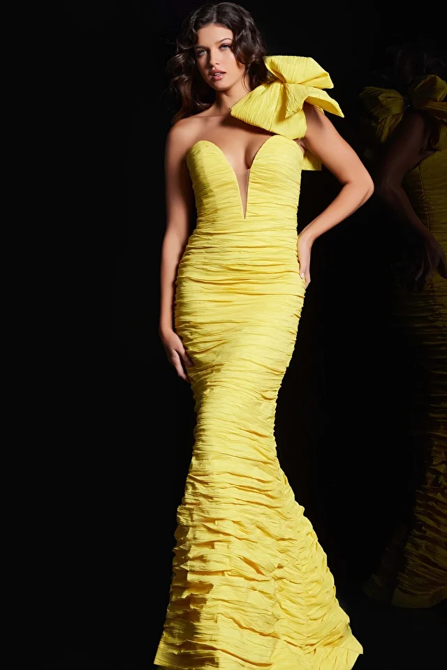 Jovani 38240 Long Prom Dress One Shoulder Mermaid Sleeveless  Bow Crinkle Crushed Taffeta Formal Pageant Gown - Image 2