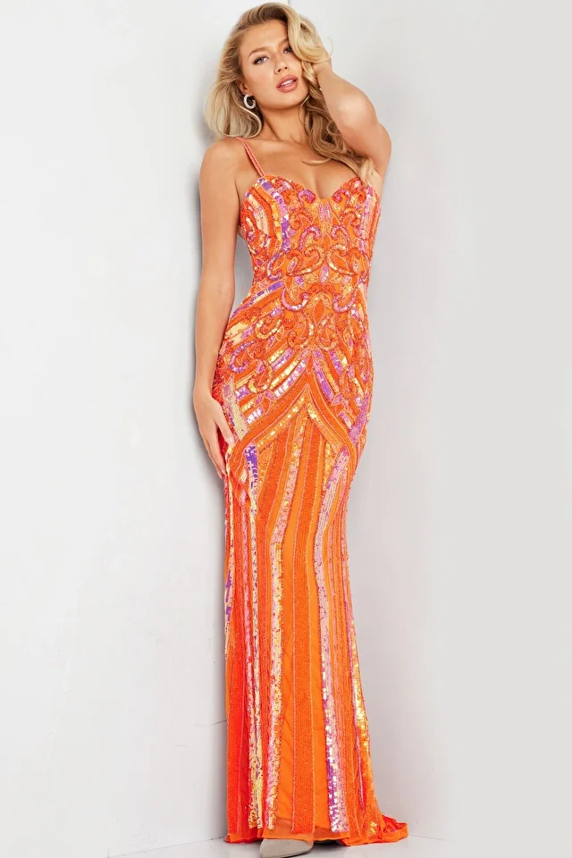 Jovani 38300 Long Prom Dress Fitted Sequin Orange Beaded Sheath Sweetheart Neckline Train Formal Pageant Gown - Image 2
