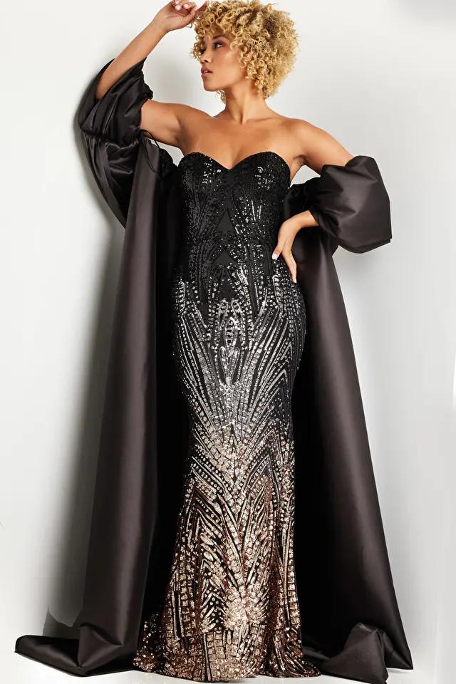 Jovani 38746 Long Prom Dress Beaded Embellished Strapless  Off Shoulder Satin Cape Formal Pageant Gown - Image 2