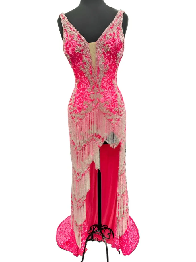 Jovani 38847 Size 10 Hot Pink Sequin Beaded Fringe Prom Dress Pageant Dress Slit V Neck Formal Gown - Image 3