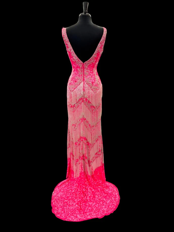 Jovani 38847 Size 10 Hot Pink Sequin Beaded Fringe Prom Dress Pageant Dress Slit V Neck Formal Gown - Image 5