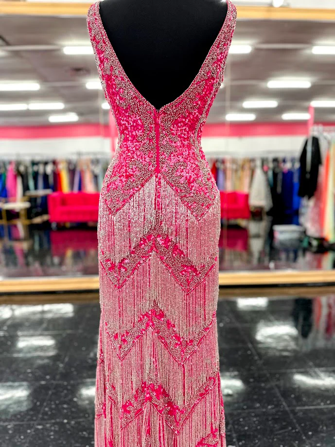 Jovani 38847 Size 10 Hot Pink Sequin Beaded Fringe Prom Dress Pageant Dress Slit V Neck Formal Gown - Image 6