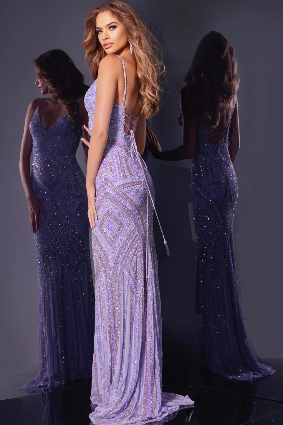 Jovani 38848 Size 4 Lilac Long Beaded Sequin Prom Dress Formal Corset Gown Pageant V Neck Tassel - Image 2