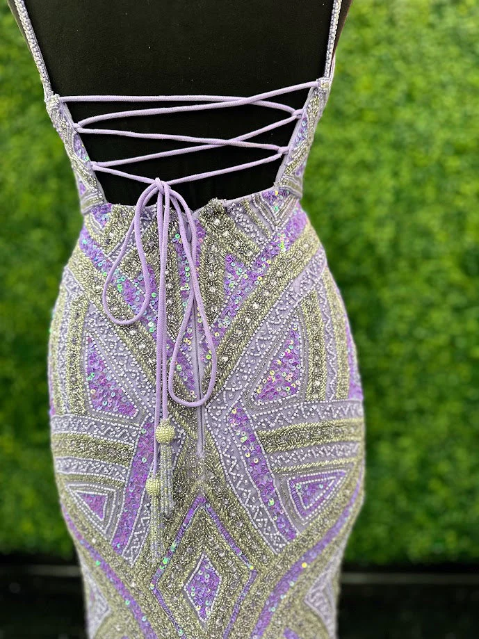 Jovani 38848 Size 4 Lilac Long Beaded Sequin Prom Dress Formal Corset Gown Pageant V Neck Tassel - Image 6