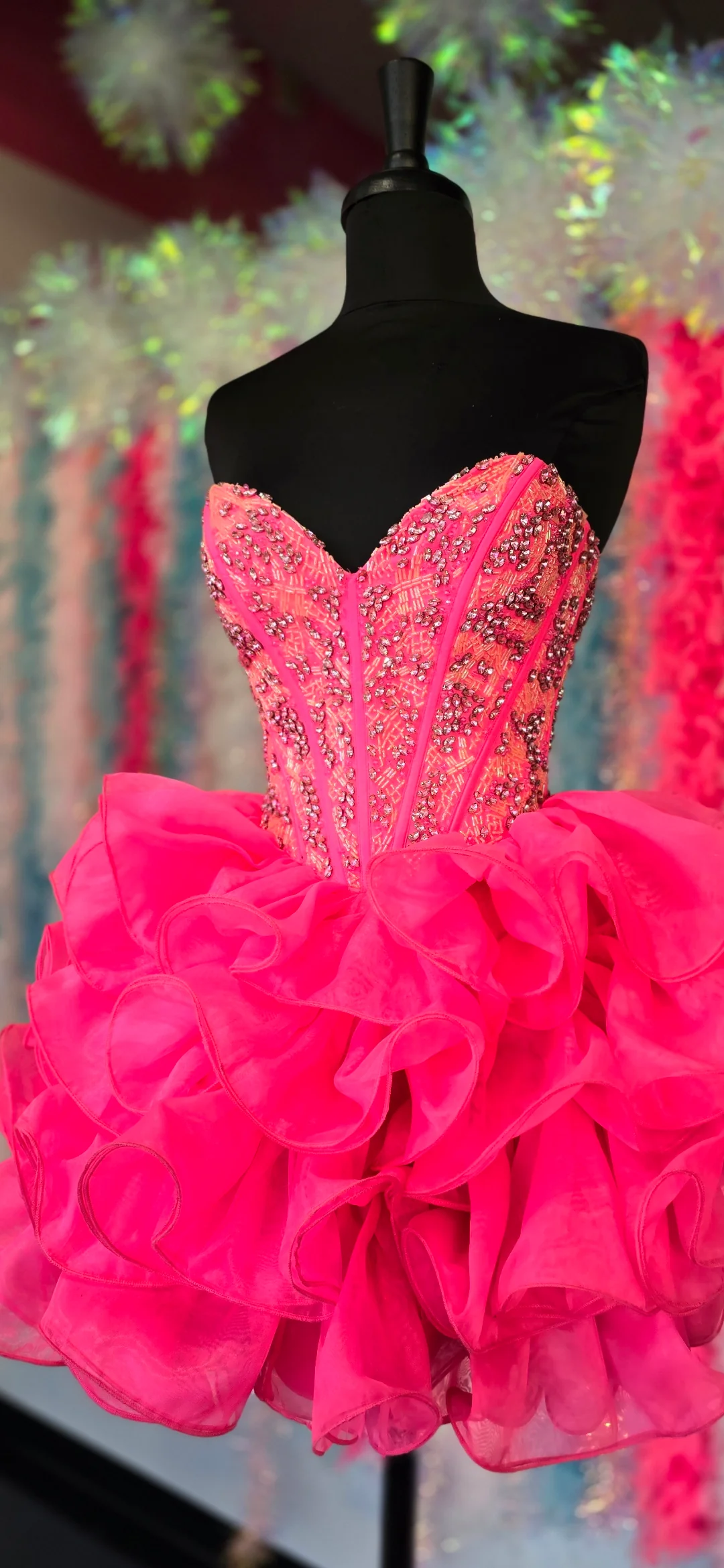 Jovani 39932 Size 0 Hot Pink Short Beaded Corset Homecoming Dress Ruffle Skirt Crystal Strapless Cocktail Dress - Image 2