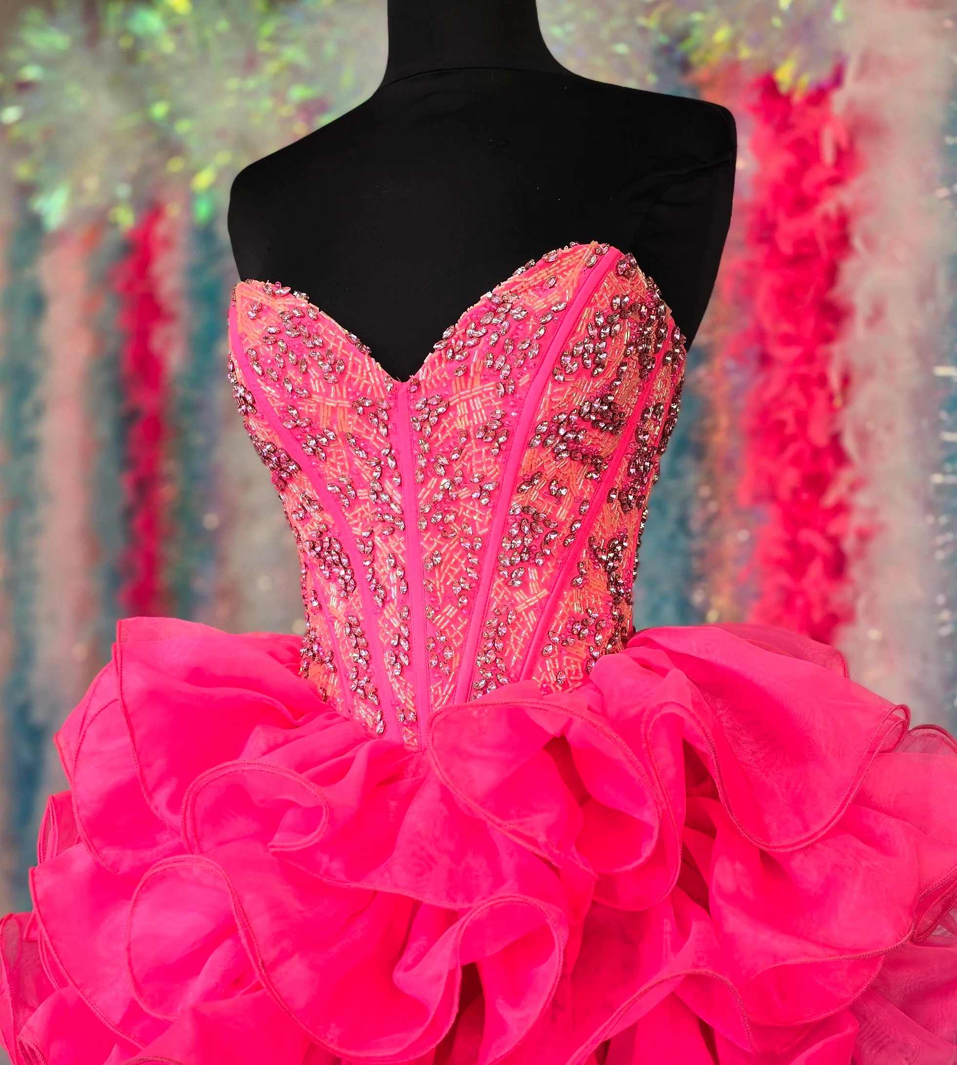Jovani 39932 Size 0 Hot Pink Short Beaded Corset Homecoming Dress Ruffle Skirt Crystal Strapless Cocktail Dress - Image 3