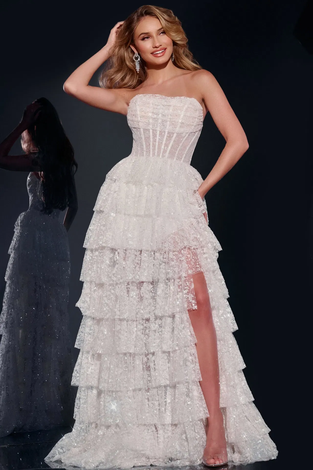 Jovani 40031 Tiered Strapless Evening Gown with High Slit