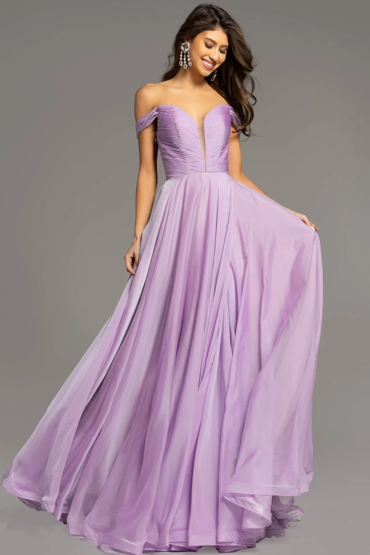 Jovani 43842 Size 14 Lilac Long Maxi Slit A Line Backless Prom Dress Corset Chiffon off the shoulder Formal Gown - Image 3