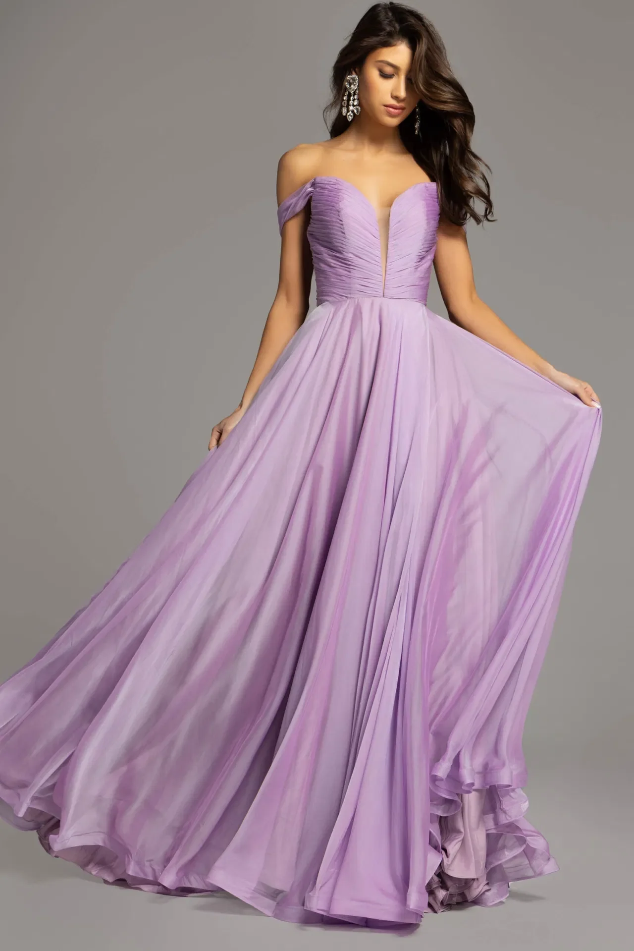 Jovani 43842 Size 14 Lilac Long Maxi Slit A Line Backless Prom Dress Corset Chiffon off the shoulder Formal Gown - Image 4