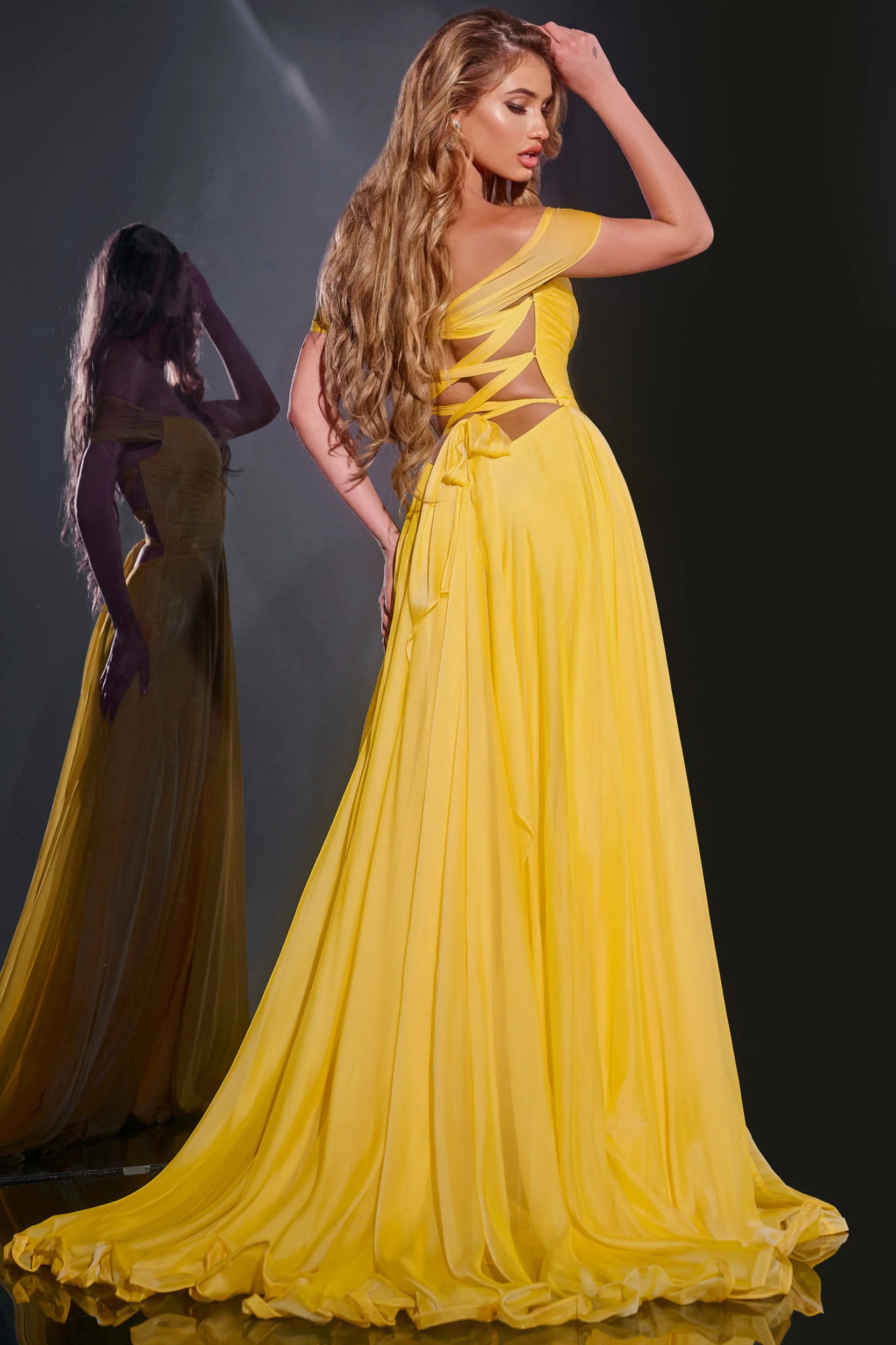 Jovani 43842 Size 4 Yellow Long Maxi Slit A Line Backless Prom Dress Corset Chiffon off the shoulder Formal Gown - Image 2