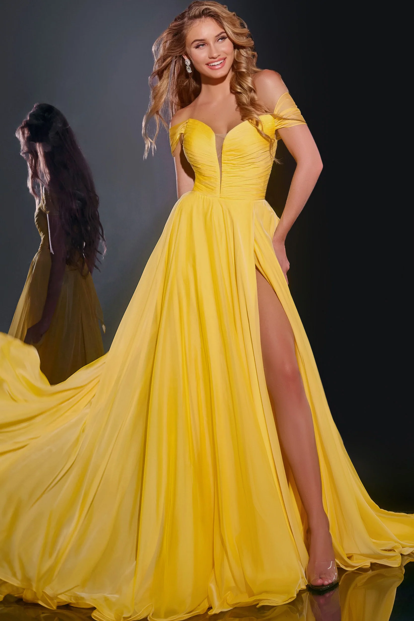 Jovani 43842 Size 4 Yellow Long Maxi Slit A Line Backless Prom Dress Corset Chiffon off the shoulder Formal Gown - Image 3