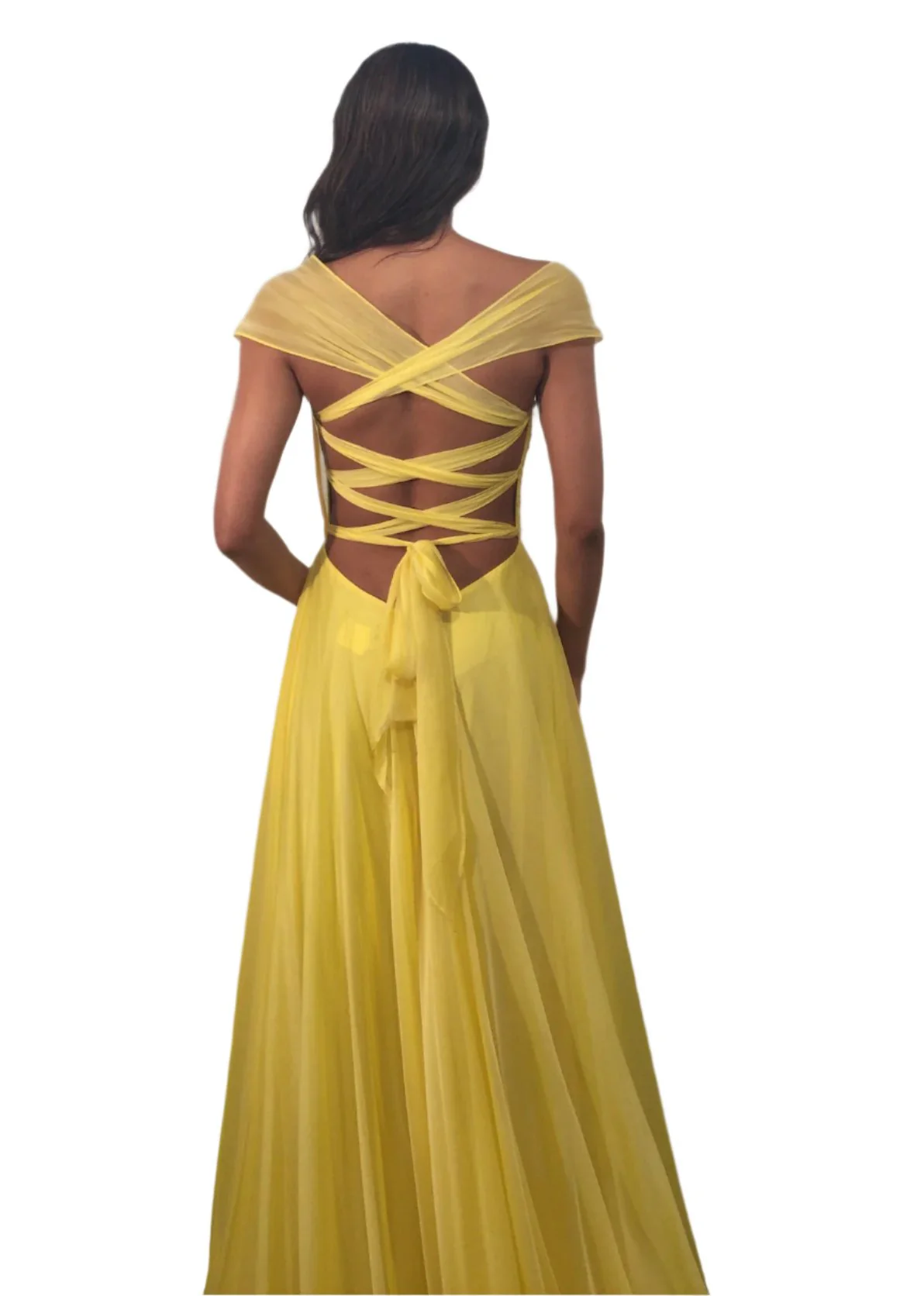 Jovani 43842 Size 4 Yellow Long Maxi Slit A Line Backless Prom Dress Corset Chiffon off the shoulder Formal Gown - Image 4
