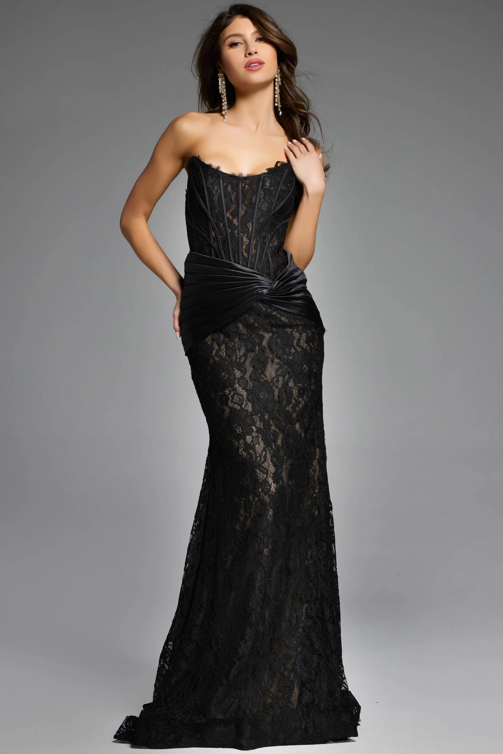 Jovani 43856 Size 4 Black/Nude Long Lace Fitted Prom Dress Scoop Neck Corset Evening Gown Pageant Formal - Image 2
