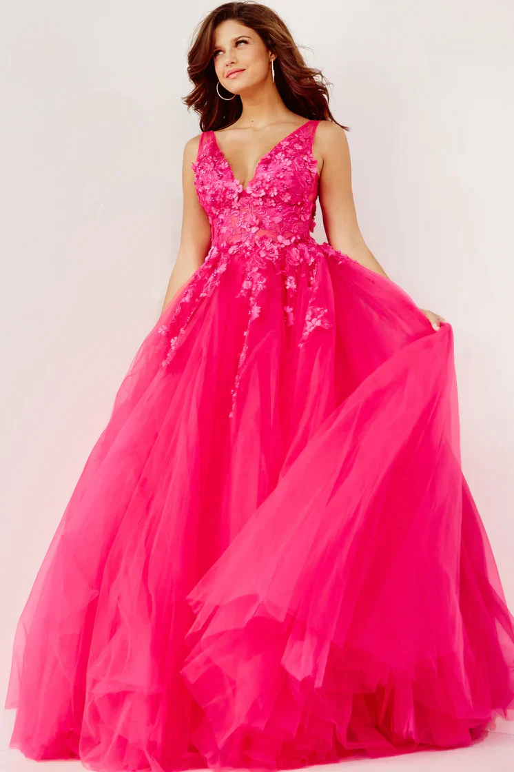 Jovani 55634 Size 00, 10 Fuchsia Ballgown Dress Prom Lace Tulle Pageant Sheer 3d Floral