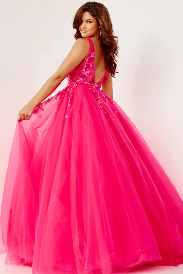 Jovani 55634 Size 00, 10 Fuchsia Ballgown Dress Prom Lace Tulle Pageant Sheer 3d Floral - Image 2