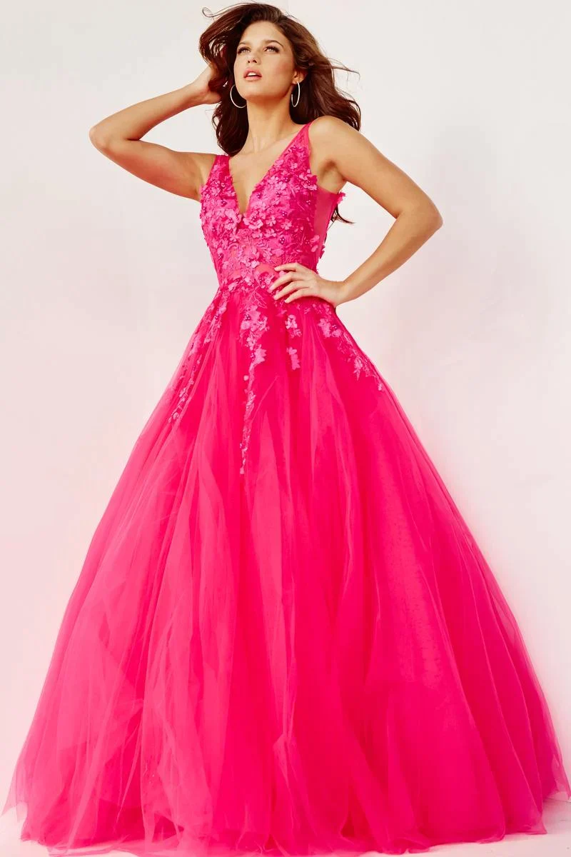 Jovani 55634 Size 00, 10 Fuchsia Ballgown Dress Prom Lace Tulle Pageant Sheer 3d Floral - Image 3