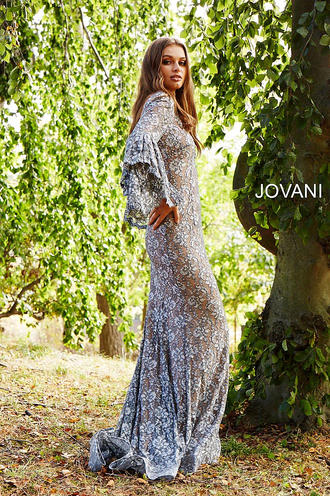 Jovani 57048 Size 6 Navy long bell sleeves evening gown embellished lace mermaid prom dress - Image 10