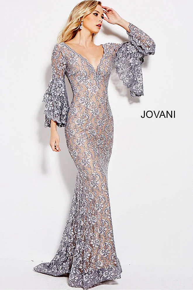 Jovani 57048 Size 6 Navy long bell sleeves evening gown embellished lace mermaid prom dress - Image 2