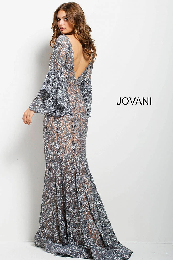 Jovani 57048 Size 6 Navy long bell sleeves evening gown embellished lace mermaid prom dress - Image 5