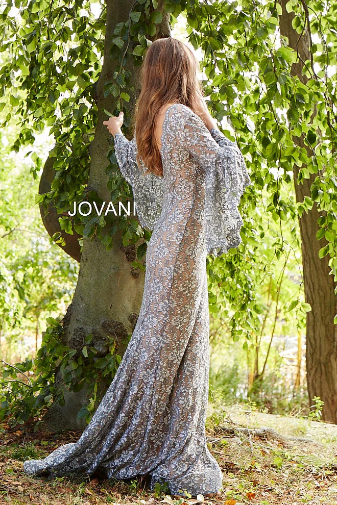 Jovani 57048 Size 6 Navy long bell sleeves evening gown embellished lace mermaid prom dress - Image 7