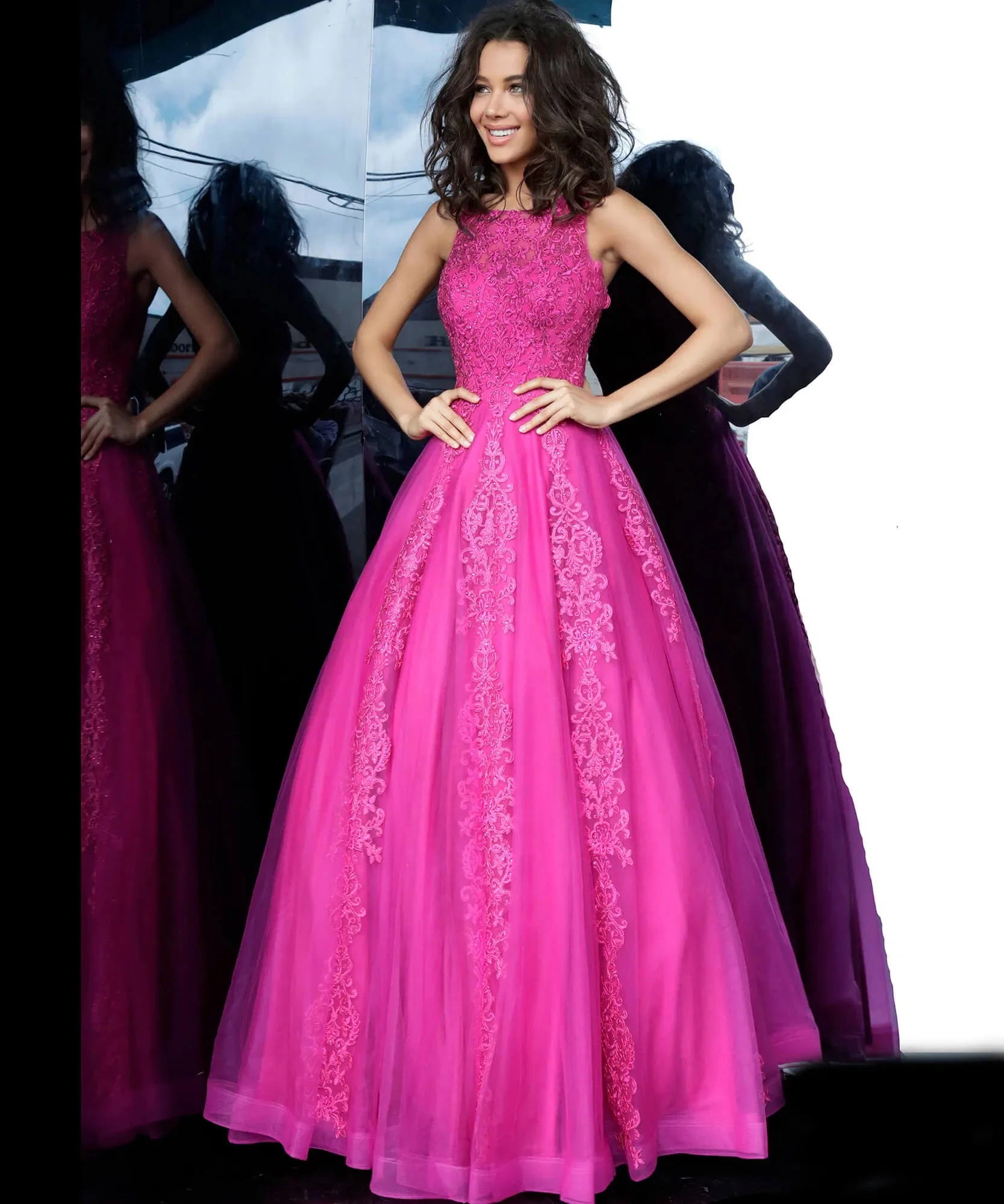 Jovani JVN 59046 Size 12 Fuchsia Prom Dress  Sheer Tulle Lace High Neck Ballgown Formal Gown