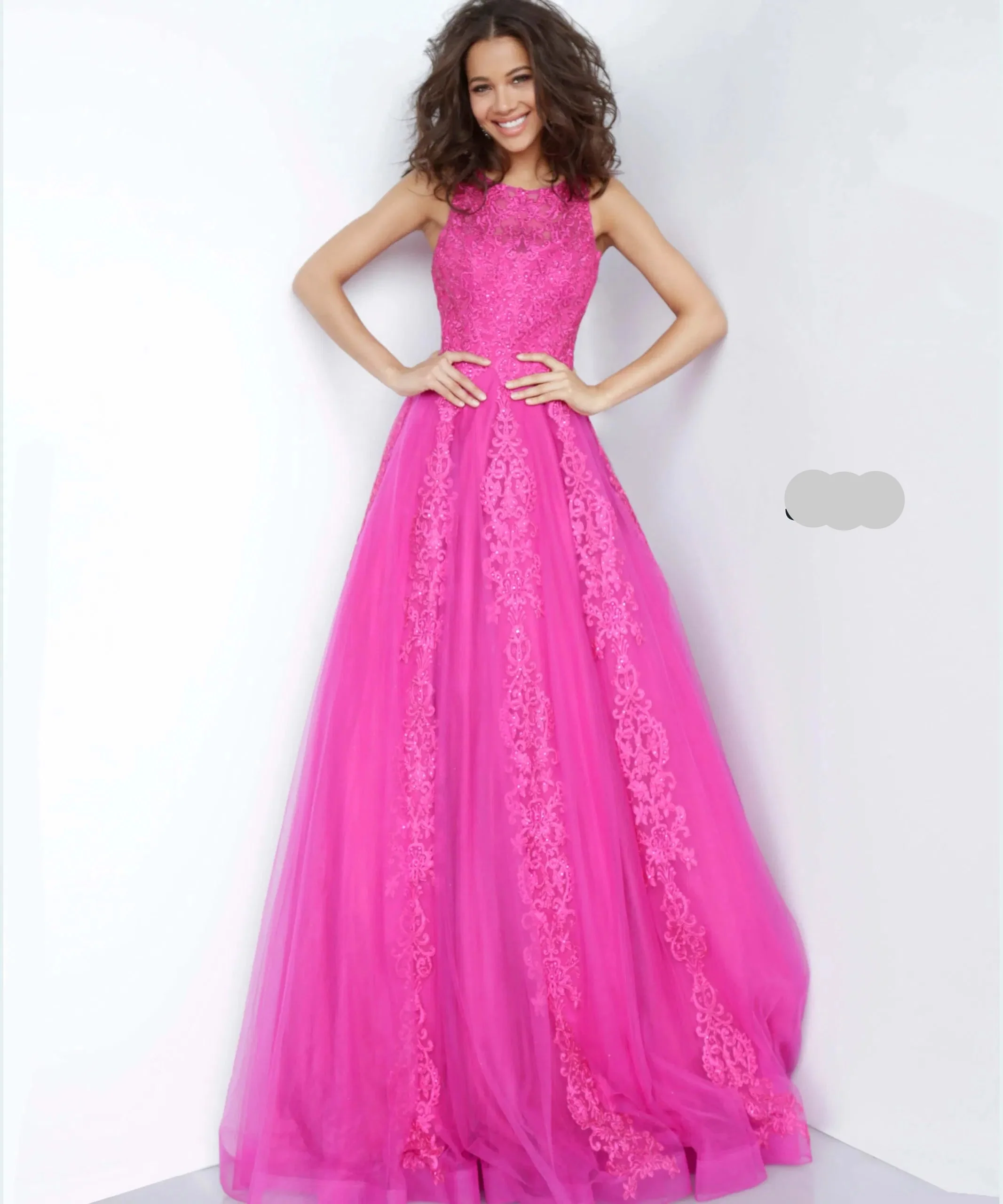 Jovani JVN 59046 Size 12 Fuchsia Prom Dress  Sheer Tulle Lace High Neck Ballgown Formal Gown - Image 2