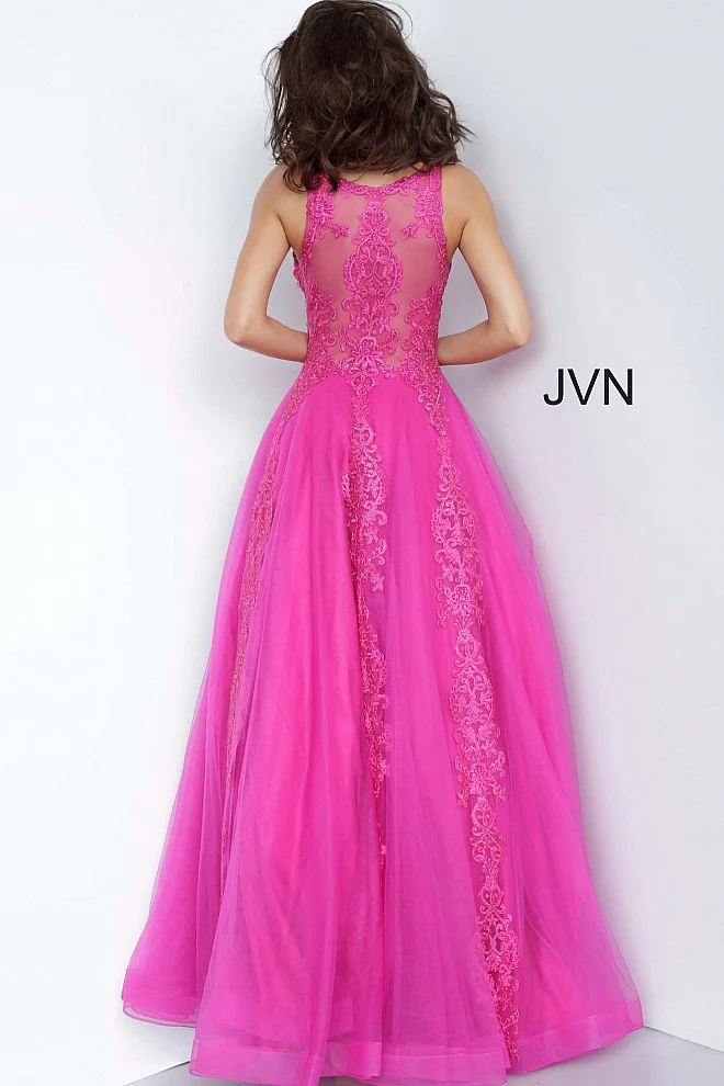 Jovani JVN 59046 Size 12 Fuchsia Prom Dress  Sheer Tulle Lace High Neck Ballgown Formal Gown - Image 3
