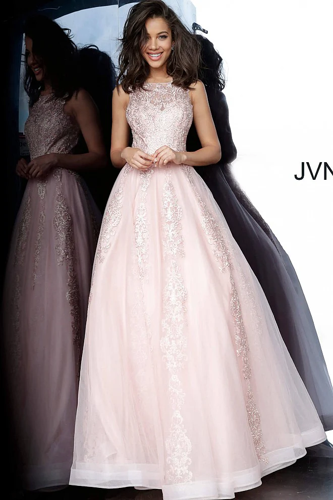 Jovani JVN 59046 Size 12 Fuchsia Prom Dress  Sheer Tulle Lace High Neck Ballgown Formal Gown - Image 4