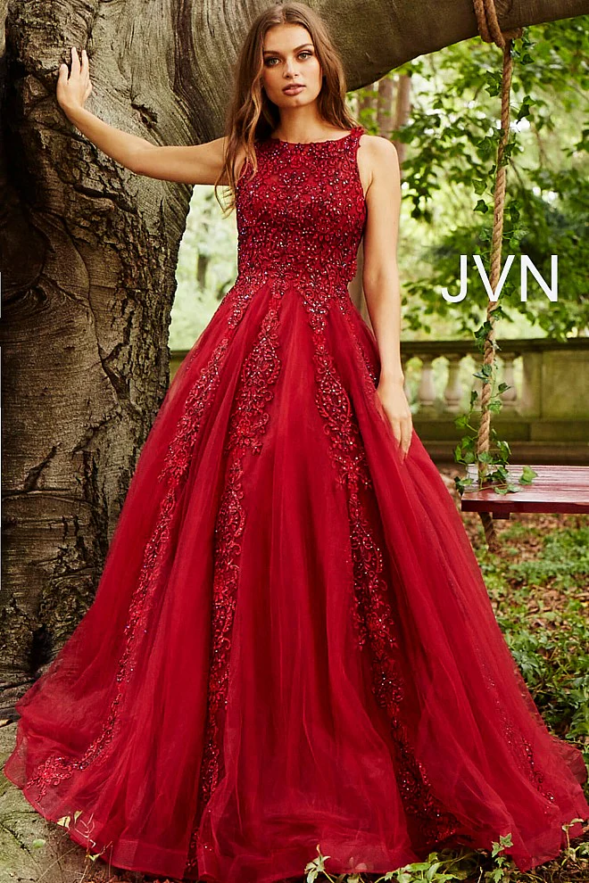 Jovani JVN 59046 Size 12 Fuchsia Prom Dress  Sheer Tulle Lace High Neck Ballgown Formal Gown - Image 5