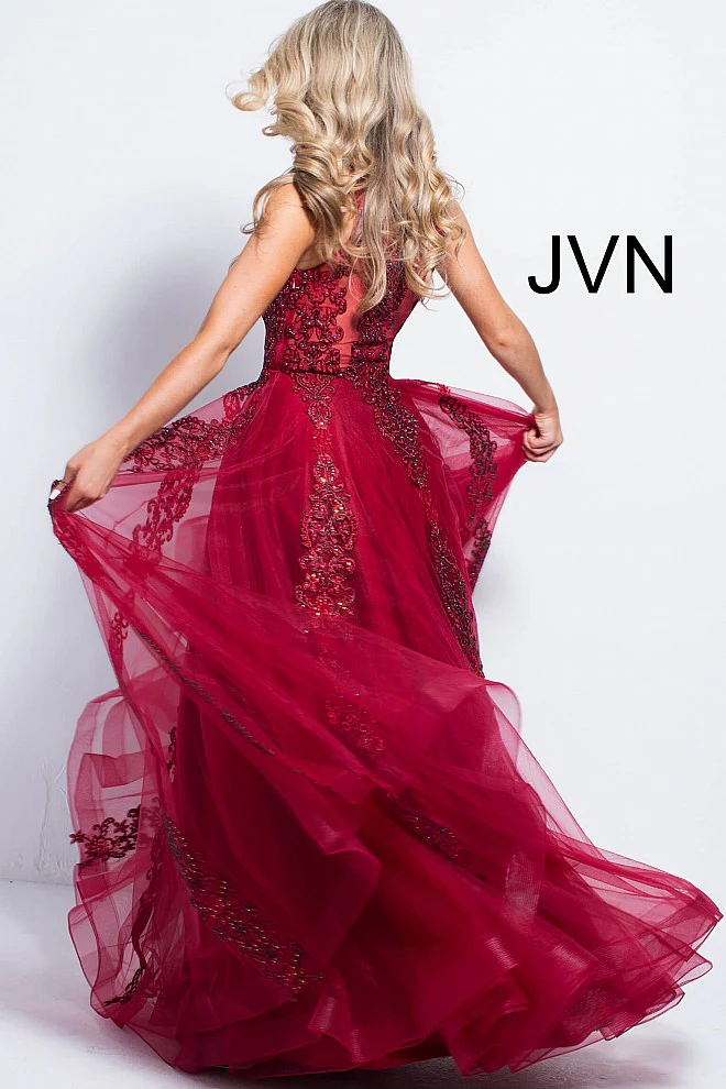 Jovani JVN 59046 Size 12 Fuchsia Prom Dress  Sheer Tulle Lace High Neck Ballgown Formal Gown - Image 9
