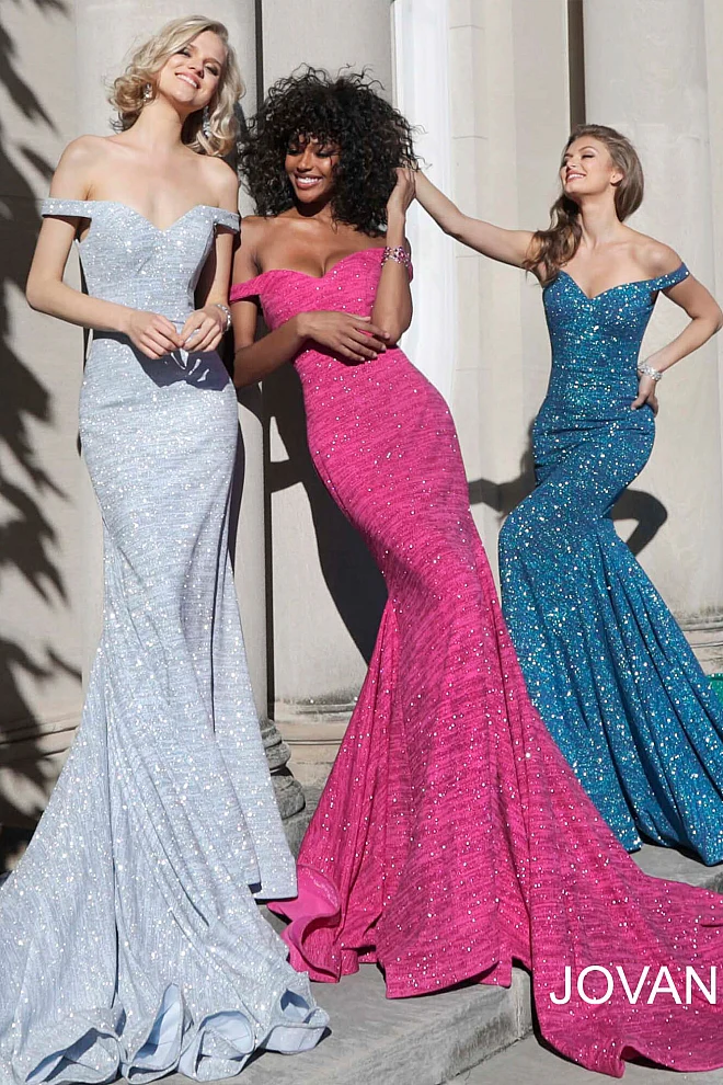 Jovani 60122 Size 14 Fuchsia Mermaid Prom Dress Metallic Formal Gown off the Shoulder