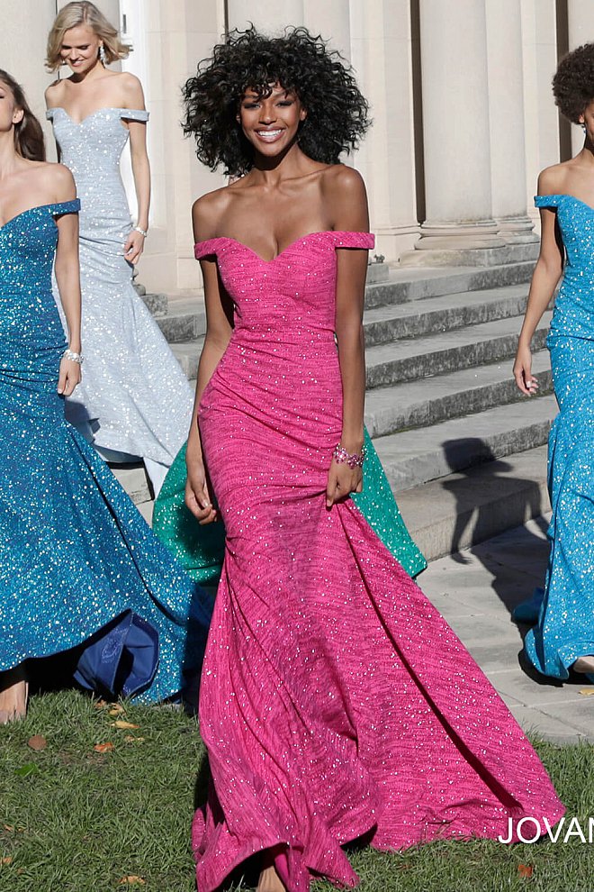 Jovani 60122 Size 14 Fuchsia Mermaid Prom Dress Metallic Formal Gown off the Shoulder - Image 11