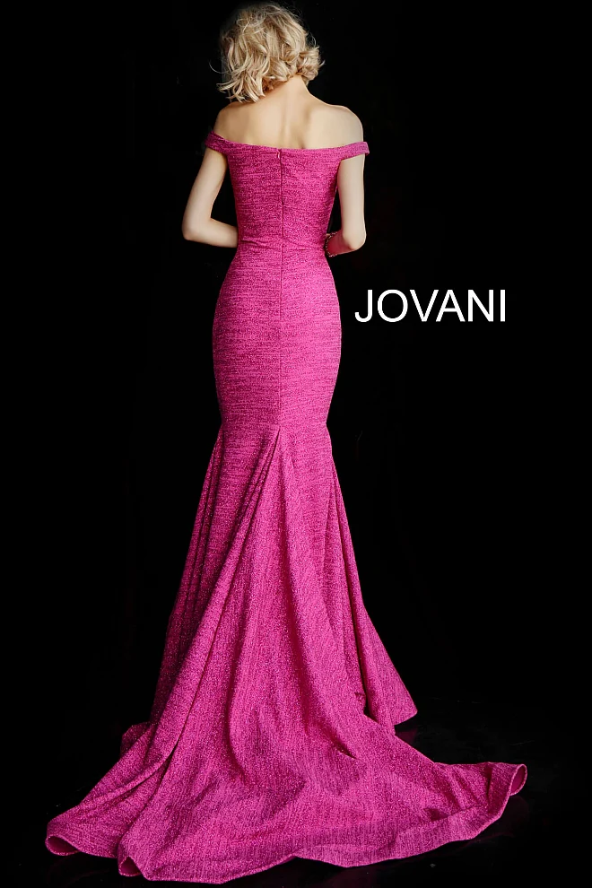 Jovani 60122 Size 14 Fuchsia Mermaid Prom Dress Metallic Formal Gown off the Shoulder - Image 3