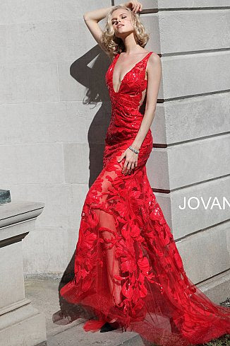 Jovani 60283 size 10 Red Prom Dress sequin floral Lace sheer formal evening gown plunging neckline mermaid - Image 4