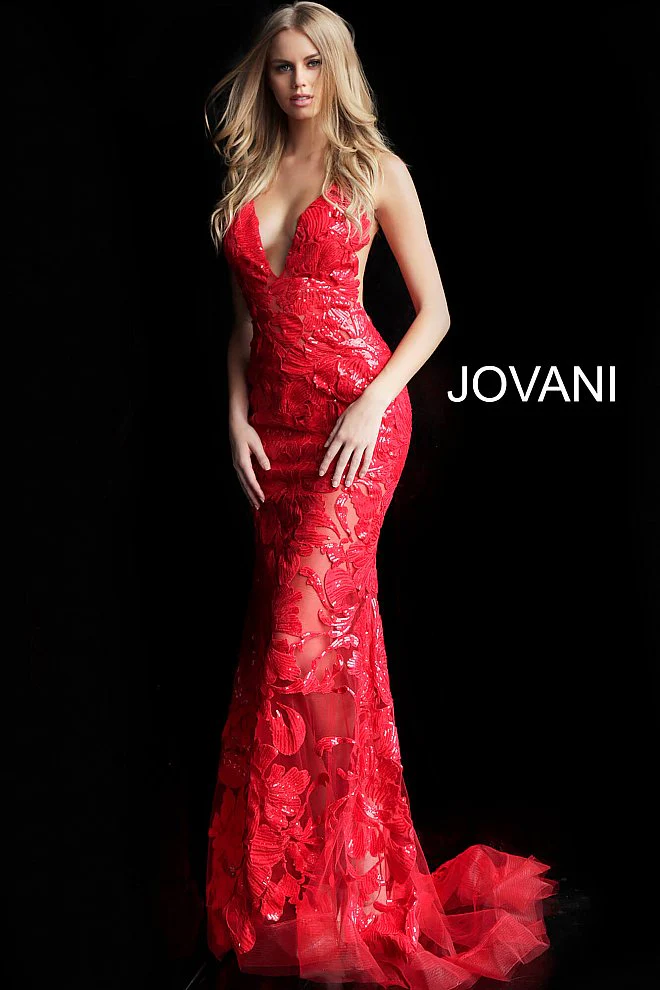 Jovani 60283 size 10 Red Prom Dress sequin floral Lace sheer formal evening gown plunging neckline mermaid - Image 5